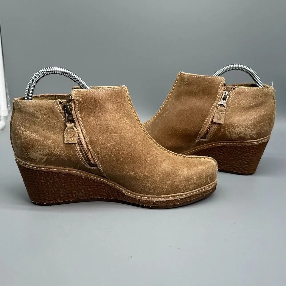 Olukai Humu Women's 9.5 Brown Suede Leather Wedge Heel Side Zip Ankle Boots Shoe